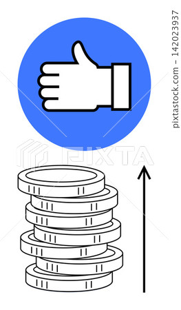 Financial growth, success measurement, online monetization, digital economy, business performance, wealth accumulation. Thumbs up, stacked coins upward arrow. Financial growth and business 142023937