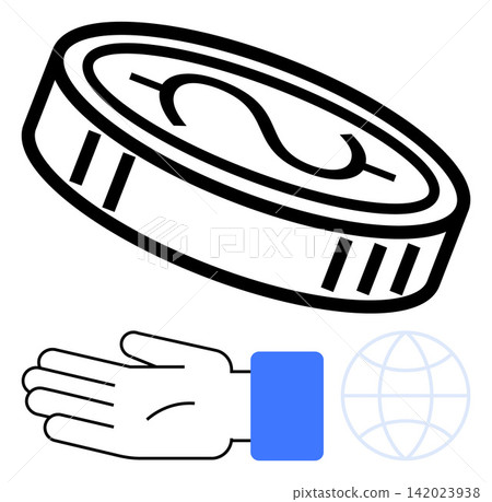 Financial transactions, cryptocurrency, online payment, global trade, economic exchange, digital wallet. A coin above an open hand with a globe icon. Financial transactions and cryptocurrency Financial transactions, cryptocurrency, online payment, global trade, economic exchange, digital wallet. A coin above an open hand with a globe icon. Financial transactions and cryptocurrency 142023938