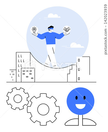 Work productivity, business innovation, teamwork, creative problem solving, digital tools, and professional growth. A man in a blue outfit balances ideas and business icons. Work productivity Work productivity, business innovation, teamwork, creative problem solving, digital tools, and professional growth. A man in a blue outfit balances ideas and business icons. Work productivity 142023939