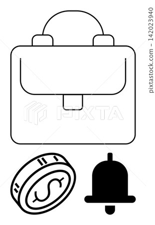 Financial planning, business management, notifications, investment growth, money transactions, digital finance tools. Minimalist briefcase, coin and bell icons. Business management and financial 142023940