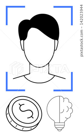 Technology, innovation, digital identification, economy, creative solutions, entrepreneurship. A face outline in a rectangular frame with a coin and light bulb below. Technology and innovation Technology, innovation, digital identification, economy, creative solutions, entrepreneurship. A face outline in a rectangular frame with a coin and light bulb below. Technology and innovation 142023944