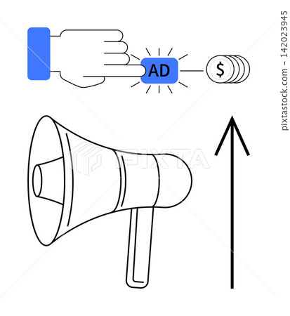 Digital marketing, online advertising, PPC strategy, business growth, advertisement revenue, promotion methods. Hand clicking ad button, money symbol megaphone growth arrow. Digital marketing Digital marketing, online advertising, PPC strategy, business growth, advertisement revenue, promotion methods. Hand clicking ad button, money symbol megaphone growth arrow. Digital marketing 142023945