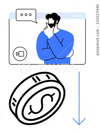 Online communication, financial planning, monetary impact, market trends, investment decisions, profit decline. A person thinking in a video call and a coin with a downward arrow. Financial planning Online communication, financial planning, monetary impact, market trends, investment decisions, profit decline. A person thinking in a video call and a coin with a downward arrow. Financial planning 142023946