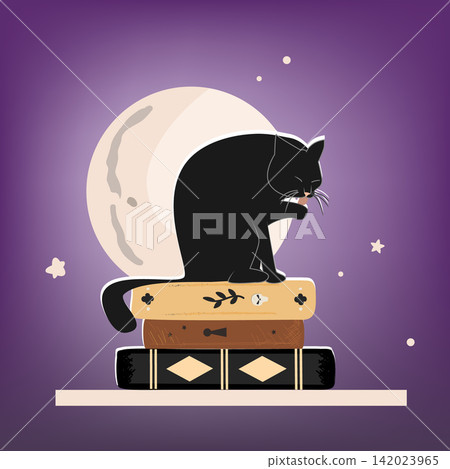 Pile of vintage books with a big black cat on the top on the night full moon background. Halloween night composition. Vector illustration. Pile of vintage books with a big black cat on the top on the night full moon background. Halloween night composition. Vector illustration. 142023965