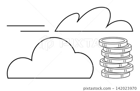 Cloud technology, financial trends, data storage, economic concepts, digital platform, modern business. Minimalist illustration with clouds and stacked coins. Cloud technology and financial trends Cloud technology, financial trends, data storage, economic concepts, digital platform, modern business. Minimalist illustration with clouds and stacked coins. Cloud technology and financial trends 142023970