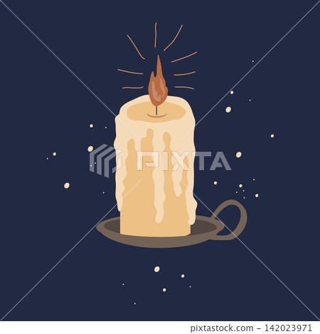 Hand drawn burning candle in candle holder. Retro vintage candle with shiny sparkles on dark background. Vector isolated illustration Hand drawn burning candle in candle holder. Retro vintage candle with shiny sparkles on dark background. Vector isolated illustration 142023971