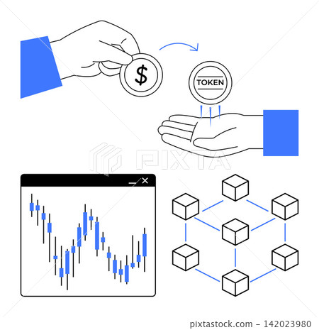 Cryptocurrency, blockchain, decentralized finance, fintech, trading, digital economy. Hand exchanging a dollar for a token, chart decentralized network. Cryptocurrency and blockchain concept 142023980