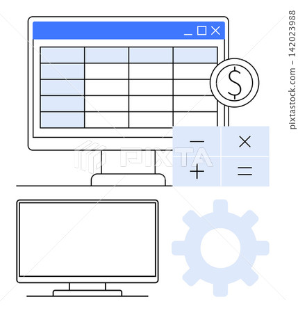 Financial planning, bookkeeping, analytics, accounting, data organization, business tools. Computer screen with table, calculator icons and cogwheel. Financial planning and bookkeeping concepts Financial planning, bookkeeping, analytics, accounting, data organization, business tools. Computer screen with table, calculator icons and cogwheel. Financial planning and bookkeeping concepts 142023988