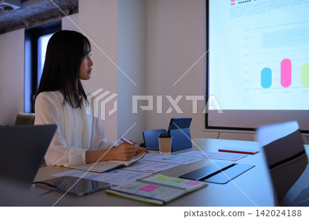 A female businessperson gazes at a graph displayed on a projector. A female businessperson gazes at a graph displayed on a projector. 142024188