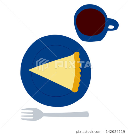 Cheesecake and coffee on a blue plate Cheesecake and coffee on a blue plate 142024219