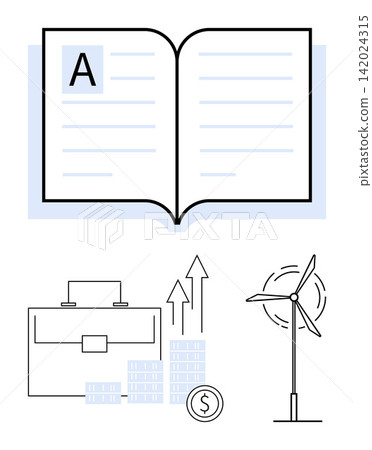 Education, sustainability, finance, business growth, renewable energy, economic practices. Open book, financial diagram wind turbine . Education and sustainability visually 142024315