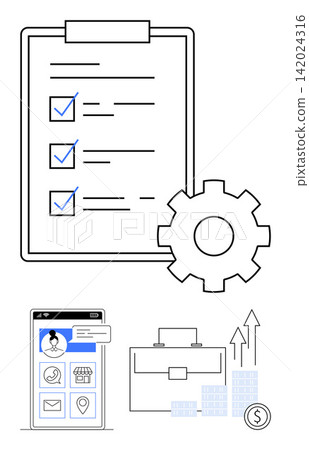 Project management, business optimization, app development, productivity growth, financial planning, quality control. Checklist on a clipboard, gear icon and smartphone interface. Project management 142024316