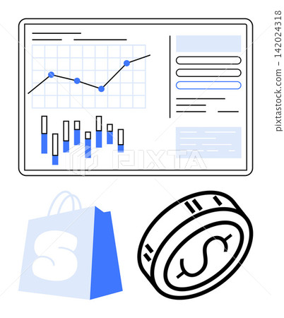E-commerce, digital marketing, data analysis, financial growth, online retail, business strategy. Graph on a chart, coin symbol shopping bag illustration. E-commerce and digital marketing concept E-commerce, digital marketing, data analysis, financial growth, online retail, business strategy. Graph on a chart, coin symbol shopping bag illustration. E-commerce and digital marketing concept 142024318