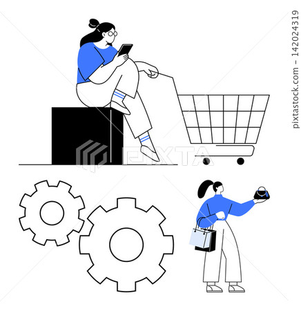 E-commerce, retail innovation, online shopping, system optimization, mobile usage, workflow. Woman checking phone, shopping cart gears. E-commerce and retail innovation concept E-commerce, retail innovation, online shopping, system optimization, mobile usage, workflow. Woman checking phone, shopping cart gears. E-commerce and retail innovation concept 142024319
