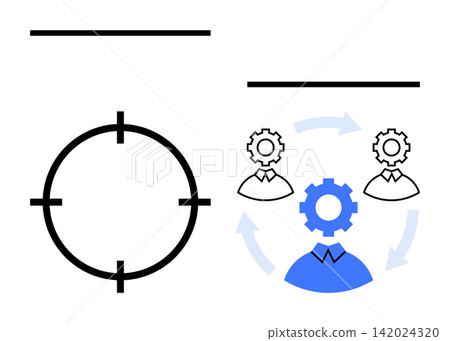 Project management, process improvement, teamwork, productivity, goal setting, workflow optimization. Target icon next to icons of gear and profiles denoting processes. Project management and target Project management, process improvement, teamwork, productivity, goal setting, workflow optimization. Target icon next to icons of gear and profiles denoting processes. Project management and target 142024320