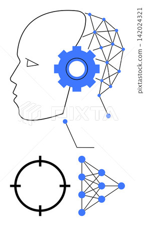 Artificial intelligence, neural networks, technology innovation, robotics, data science, AI engineering. Human head profile with gear and network, target and dots diagram. Artificial intelligence Artificial intelligence, neural networks, technology innovation, robotics, data science, AI engineering. Human head profile with gear and network, target and dots diagram. Artificial intelligence 142024321