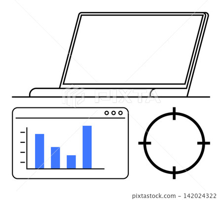 Data analysis, performance monitoring, business insights, productivity tools, goal setting, targeting concepts. A laptop with a bar graph display and target icon. Data analysis and performance Data analysis, performance monitoring, business insights, productivity tools, goal setting, targeting concepts. A laptop with a bar graph display and target icon. Data analysis and performance 142024322