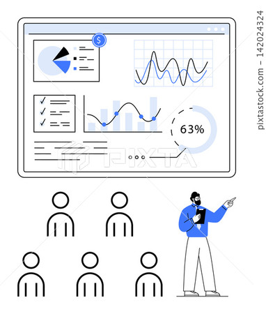 Data analysis, teamwork, decision-making, presentations, business strategy, statistics. A dashboard shows charts and graphs, with a team and a presenter. Data analysis and teamwork concept Data analysis, teamwork, decision-making, presentations, business strategy, statistics. A dashboard shows charts and graphs, with a team and a presenter. Data analysis and teamwork concept 142024324
