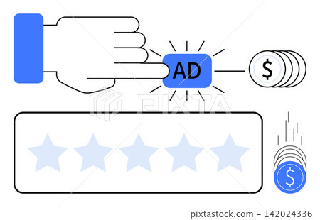 Digital marketing, online advertising, PPC campaigns, user engagement, ROI, and e-commerce. Hand clicking ad button with coins, star ratings and a monetary focus. Digital marketing and PPC campaigns Digital marketing, online advertising, PPC campaigns, user engagement, ROI, and e-commerce. Hand clicking ad button with coins, star ratings and a monetary focus. Digital marketing and PPC campaigns 142024336