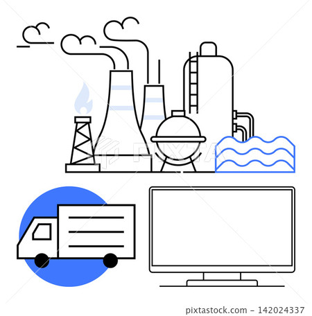 Industrial production, supply chains, logistics, technology, manufacturing, energy. Factory and monitor alongside a delivery truck. Industrial production and supply chain concepts 142024337