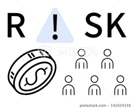 Financial risk, economic analysis, decision making, business strategy, crowd funding, uncertainty. Coin, triangular warning sign and human figures ion. Financial risk and economic analysis 142024338