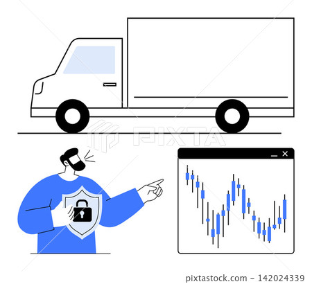 Supply chain, logistics security, data analytics, e-commerce management, market analysis, cyber protection. Truck, person with lock icon and stock graph. Supply chain and logistics security concept Supply chain, logistics security, data analytics, e-commerce management, market analysis, cyber protection. Truck, person with lock icon and stock graph. Supply chain and logistics security concept 142024339