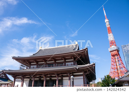 Tokyo - Cityscape with Tokyo Tower - Zojoji Temple and Tokyo Tower 142024342
