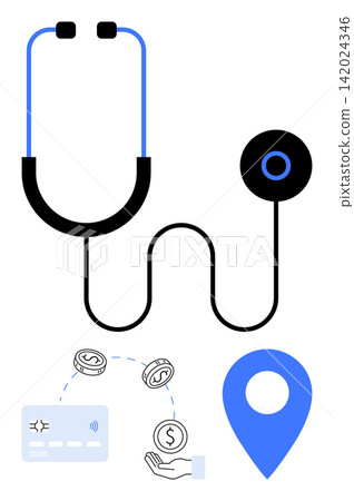 Healthcare, finance, location services, online payments, medical technology, accessibility. Stethoscope with payment card, coins and pin. Healthcare payment and location services concept Healthcare, finance, location services, online payments, medical technology, accessibility. Stethoscope with payment card, coins and pin. Healthcare payment and location services concept 142024346
