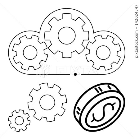 Cloud computing, technology integration, financial management, digital economy, business optimization, process automation. Cloud with gears and a coin. Cloud computing and financial management Cloud computing, technology integration, financial management, digital economy, business optimization, process automation. Cloud with gears and a coin. Cloud computing and financial management 142024347