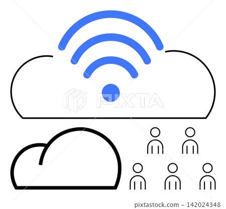 Cloud computing, networking, connectivity, communication, internet services, remote access. a cloud with a wireless signal and group of people. Cloud computing and networking concept 142024348