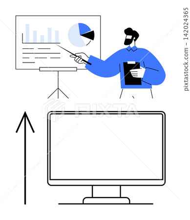 Business analysis, remote work, data visualization, technology education, growth strategy, marketing insights. Person presenting charts and graphs alongside a monitor. Business analysis and remote Business analysis, remote work, data visualization, technology education, growth strategy, marketing insights. Person presenting charts and graphs alongside a monitor. Business analysis and remote 142024365