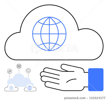Cloud storage, global communication, data sharing, digital services, connectivity, technology. A hand gesture below a cloud with globe and icons. Cloud storage and global communication concept Cloud storage, global communication, data sharing, digital services, connectivity, technology. A hand gesture below a cloud with globe and icons. Cloud storage and global communication concept 142024377