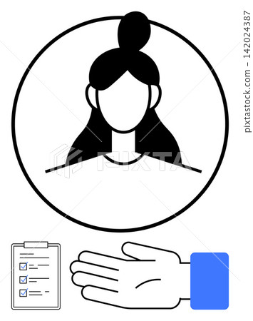 Trust, verification, identity, task management, consent, user interface design. A female profile in a circle, checklist and open hand gesture. Trust and verification concepts visually 142024387