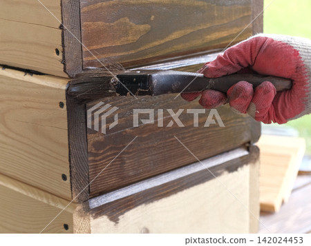 Brown oil for protection of wood by staining. Painting fence for protecting and pests. Woodworker applying finish to pine board box. Repairman varnishing with brush wooden fencing wall plank surface. Brown oil for protection of wood by staining. Painting fence for protecting and pests. Woodworker applying finish to pine board box. Repairman varnishing with brush wooden fencing wall plank surface. 142024453