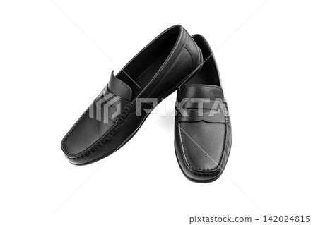 men's pair of black moccasins on isolated white background men's pair of black moccasins on isolated white background 142024815