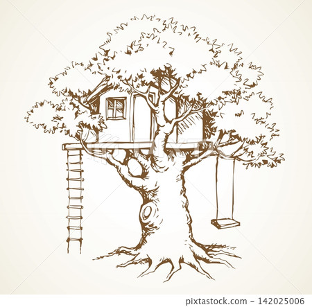 Wooden tree house. Vector drawing Wooden tree house. Vector drawing 142025006