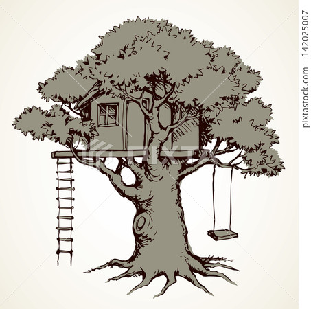 Wooden tree house. Vector drawing 142025007
