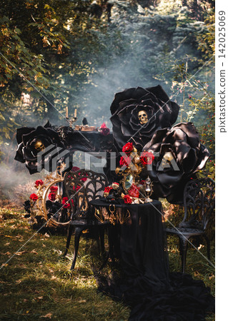 Haunted Garden Scene with Oversized Black Flowers and Red Roses Haunted Garden Scene with Oversized Black Flowers and Red Roses 142025069