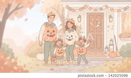Illustration of family wearing vampire costumes on Halloween 142025096