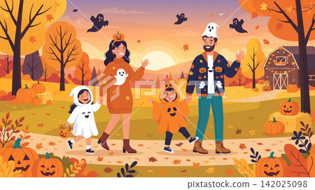 Illustration of family wearing vampire costumes on Halloween Illustration of family wearing vampire costumes on Halloween 142025098