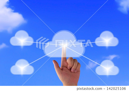 Hand pointing to cloud computing network icon on blue sky background 142025106