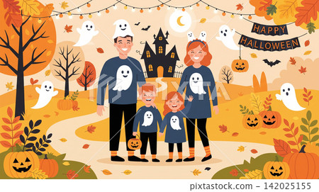Illustration of family wearing vampire costumes on Halloween Illustration of family wearing vampire costumes on Halloween 142025155