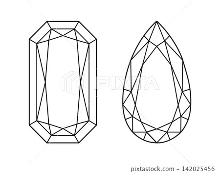 Diamond Radiant, Pear cut shape. Design diagram. Pear, Radiant brilliant cut minimalist icons set. Diamond top flat view. Gemstone outline pattern for jewellery design, branding, packaging, logotype. 142025456
