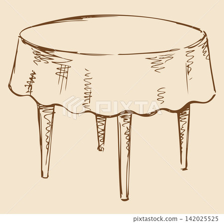 Vector drawing. Round table with tablecloth Vector drawing. Round table with tablecloth 142025525