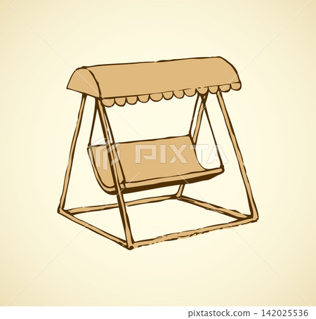 Vector sketch drawing bench-swing with a sun canopy Vector sketch drawing bench-swing with a sun canopy 142025536
