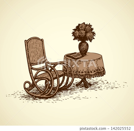Vector drawing comfortable rocking chai near the round table Vector drawing comfortable rocking chai near the round table 142025552
