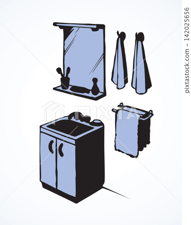Mirror over washbasin in bathroom. Vector drawing Mirror over washbasin in bathroom. Vector drawing 142025656