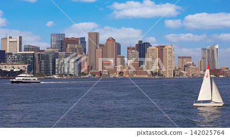 Boston skyline with sailing boat on the foreground, USA Boston skyline with sailing boat on the foreground, USA 142025764