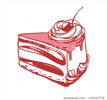 A slice of berry cake with cherries and whipped cream. A portion of sweet dessert with strawberry filling and a creamy swirls. Vector sketch of cheesecake. Coquette style. A treat for birthday party 142025776