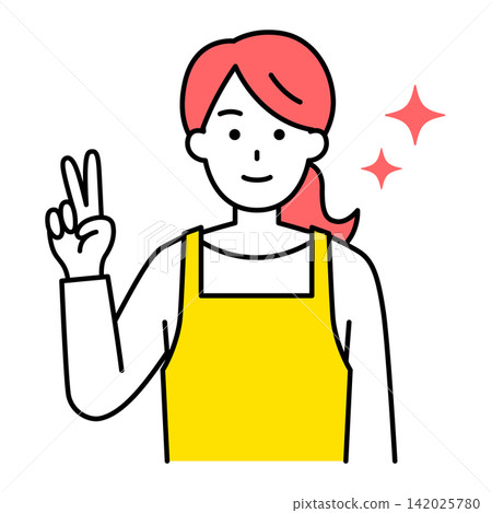 A woman in an apron making a peace sign. A woman in an apron making a peace sign. 142025780